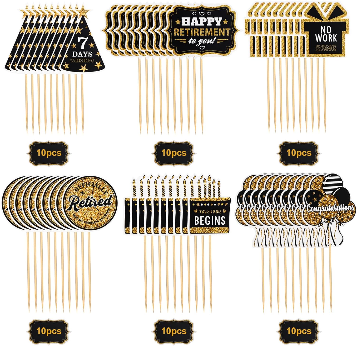60 Pcs Happy Retirement Cupcake Toppers, Gold Retired Cake Picks for Party Decoration - Birthday Cake Topper Supplies