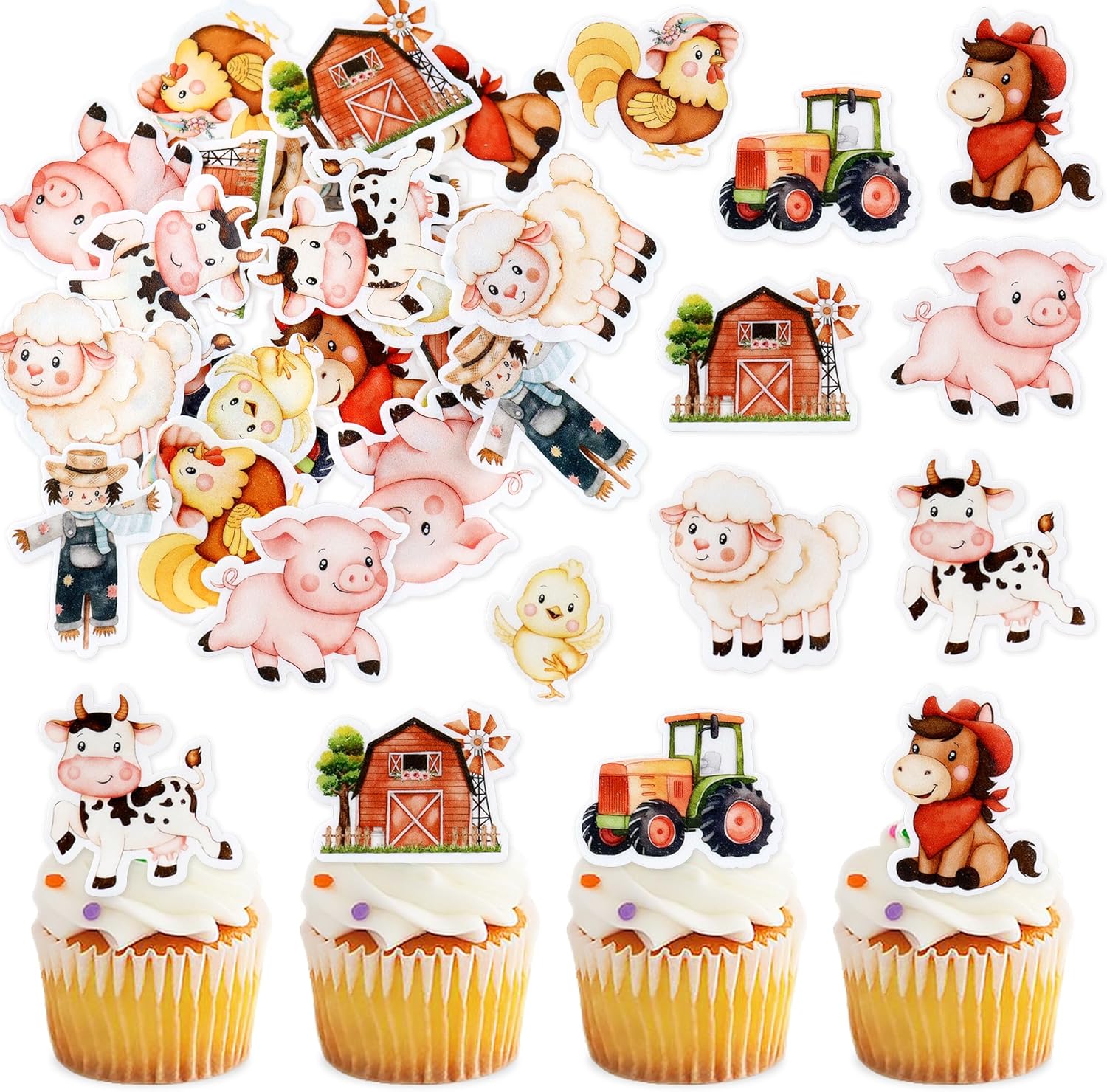 45Pcs Edible Farm Theme Cupcake Toppers Wafer Paper Animal Cartoon Tractor Barnyard Cupcake Toppers Drink Topper Dessert Muffin Cake Picks Cake Decoration for Baby Shower or Birthday Party Decoration