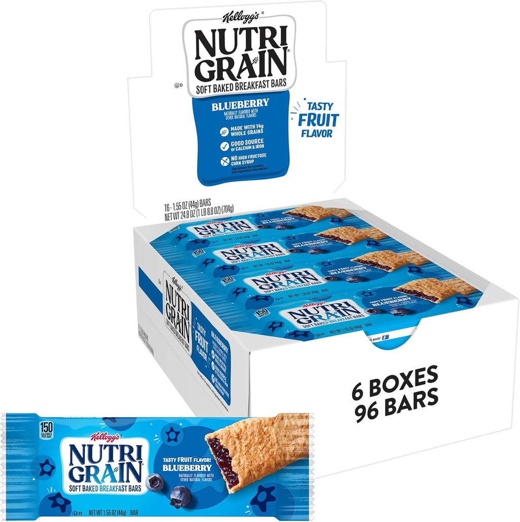 Nutri-Grain Breakfast Bars, Made with 14g Whole Grains, Snack Bars, Blueberry (6 Boxes, 96 Count)