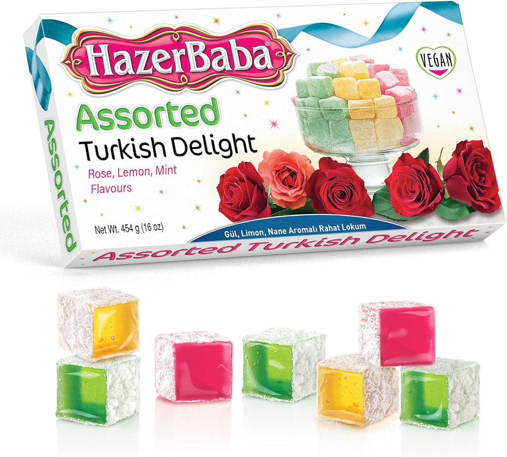 Hazer Baba Turkish Delight Candy, Assorted Rose & Lemon & Mint Flavors, 16 oz (Pack of 1), Gourmet Snack Box, Traditional, Vegan Snack, Lokum, Sweets, Loukumi, Delicias Turcas, Halal, Kosher