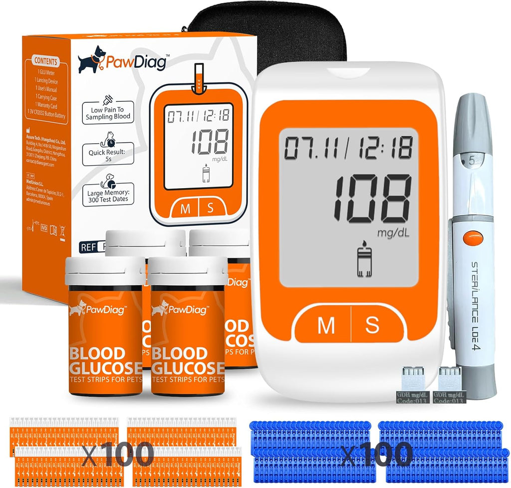 Pet Blood Glucose Monitor Kit for Dogs & Cats, 100 Test Strips & Lancets (Double Supply) – Vet-Grade Painless Diabetes Testing Meter, Home Glucometer System with Case