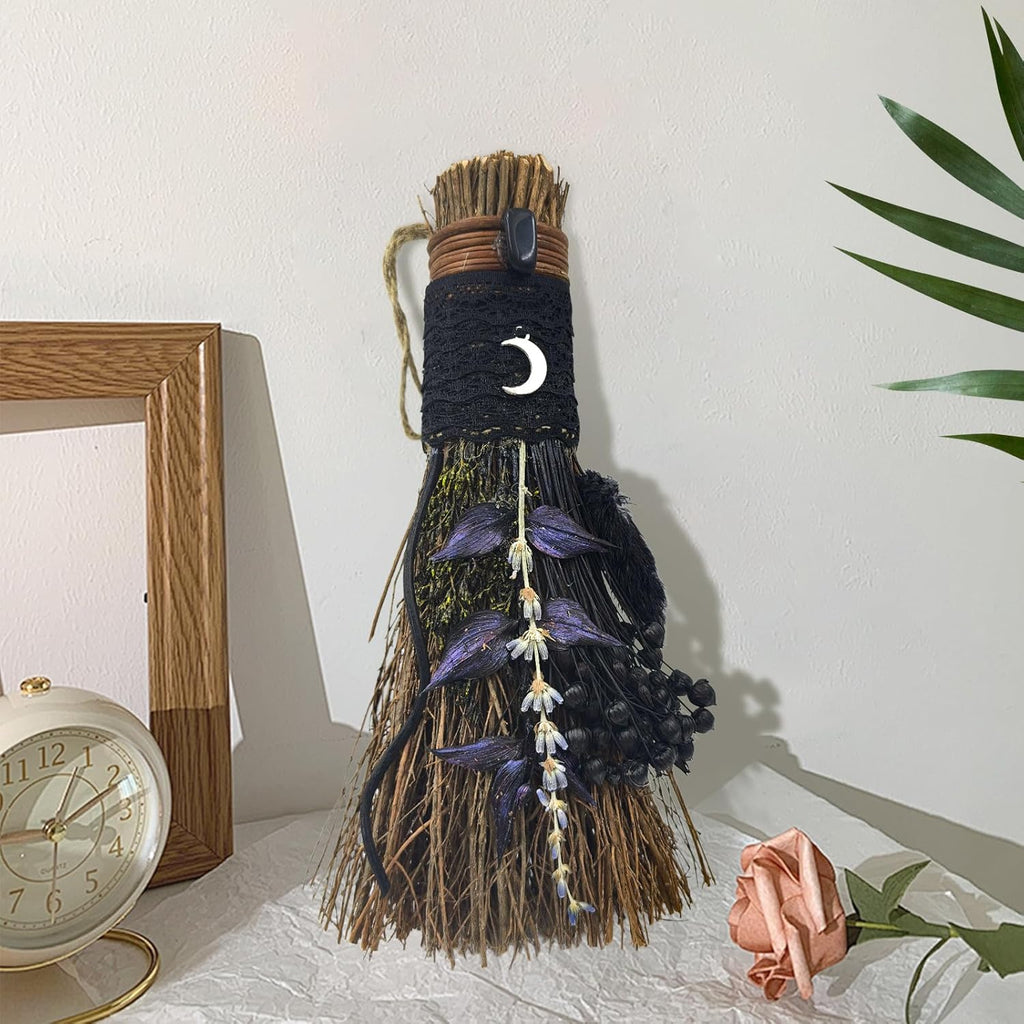 Cinnamon Broom 7.5 Inch Handmade Witch Broom for Altar Mini Cinnamon Broomstick Scented Natural Herbal Protection Magic Witchcraft Supplies for Halloween Wiccan Décor Witchy Gifts (Black)