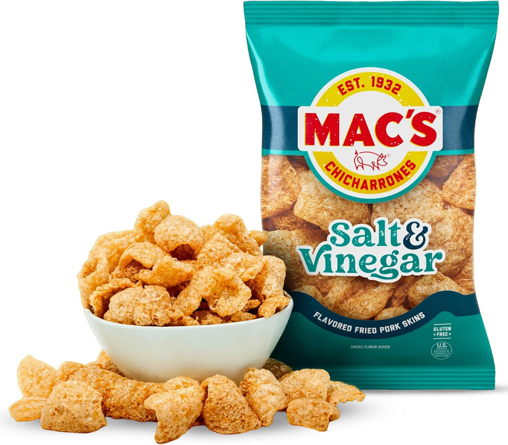 Mac's Salt & Vinegar Fried Pork Skins - Salt & Vinegar Flavored Chicharrones Pork Rinds - Low Carb, Gluten-Free, Keto-Friendly Snack- 3oz (12-Pack)