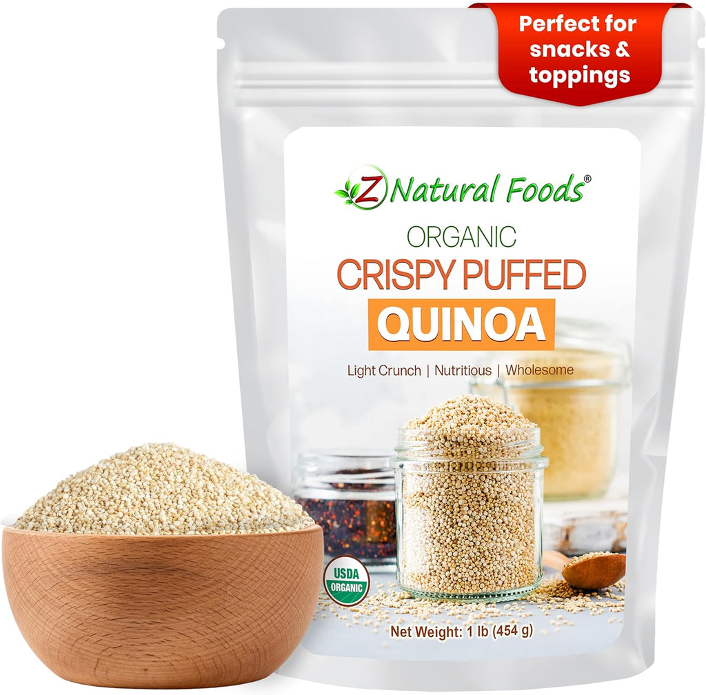 Z Natural Foods Organic Crispy Puffed Quinoa - Real Crisped Quinoa Vegan Superfood - Healthy Quinoa Crisps Snacks for Adults & Kids - Crispy Quinoa Puffs for Baking, Snacks, Yogurts, Gluten-Free, 1 lb
