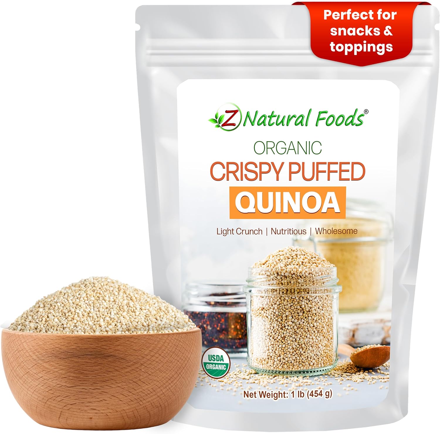 Z Natural Foods Organic Crispy Puffed Quinoa - Real Crisped Quinoa Vegan Superfood - Healthy Quinoa Crisps Snacks for Adults & Kids - Crispy Quinoa Puffs for Baking, Snacks, Yogurts, Gluten-Free, 1 lb