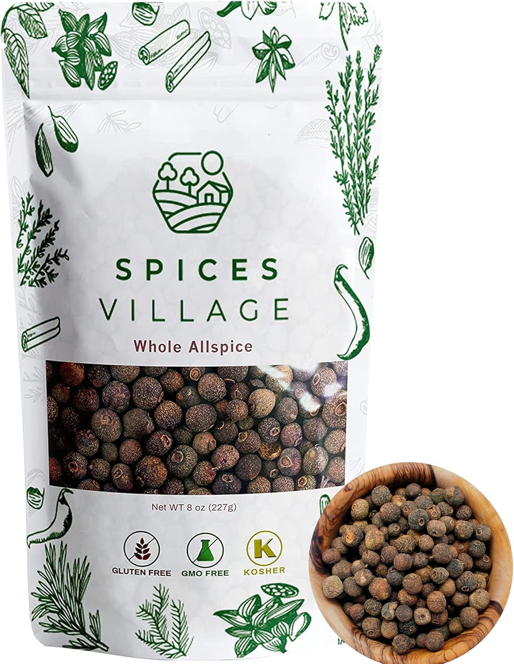 SPICES VILLAGE Allspice Berries Whole, Pimento Seeds, Natural Allspice for Cooking, Pickling Seasoning, 8 oz, Pimienta Dulce Malagueta, Kosher, Gluten Free, Non GMO, KETO Friendly, Resealable Bulk Bag