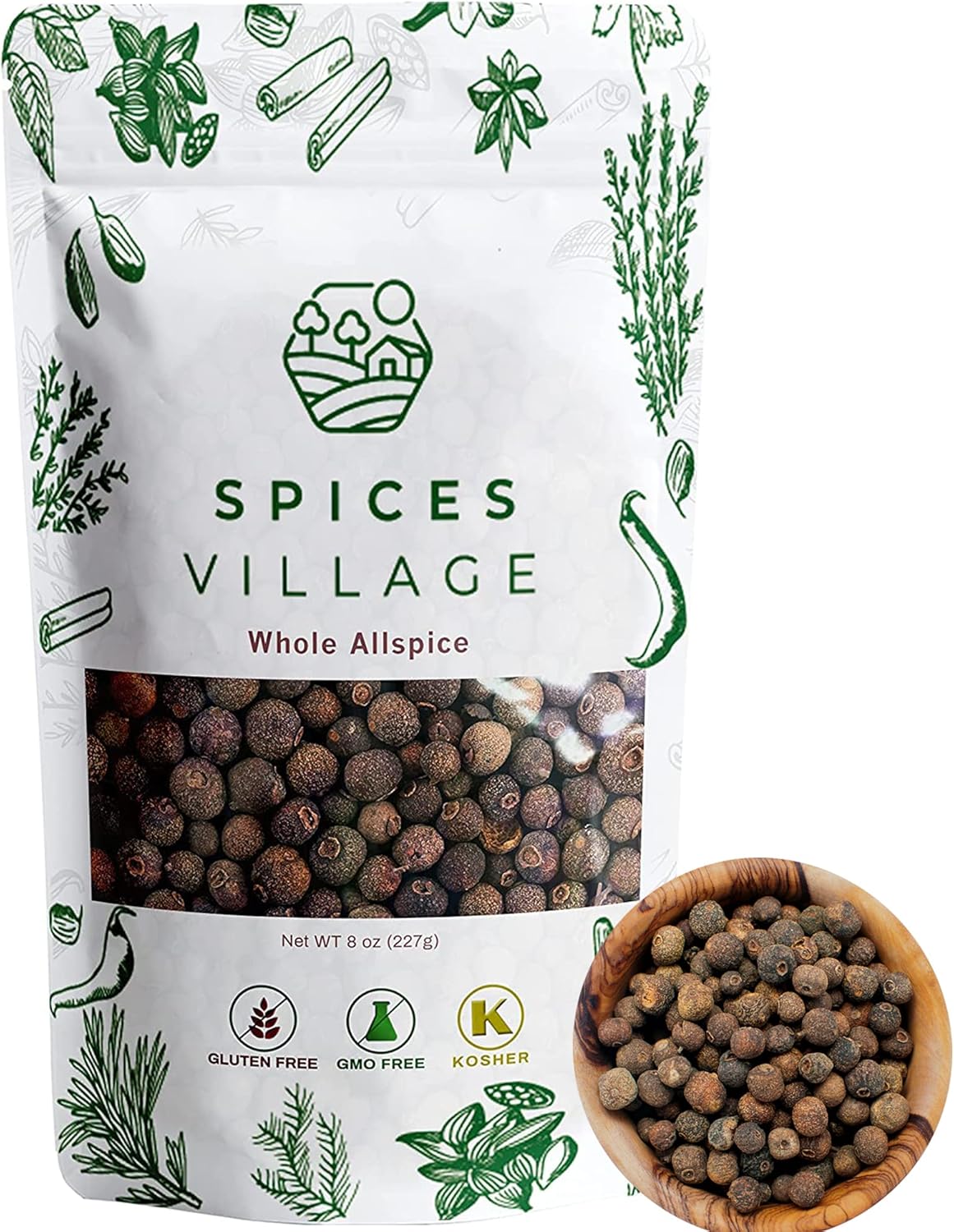 SPICES VILLAGE Allspice Berries Whole, Pimento Seeds, Natural Allspice for Cooking, Pickling Seasoning, 8 oz, Pimienta Dulce Malagueta, Kosher, Gluten Free, Non GMO, KETO Friendly, Resealable Bulk Bag