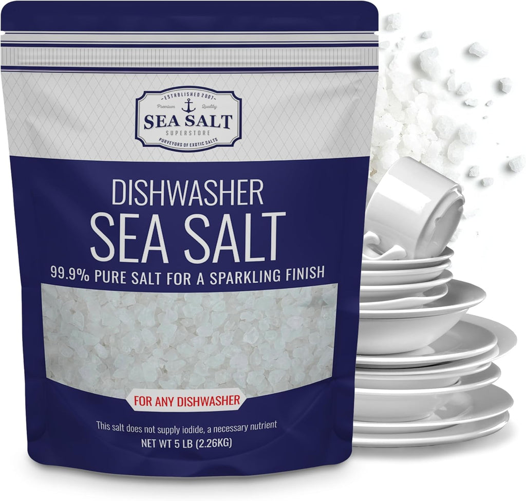 Dishwasher Salt, Natural Water Softener, Food Grade Coarse Sea Salt Compatible with Miele, Thermador, Whirlpool, & Bosch Dishwasher 5 lb Bag