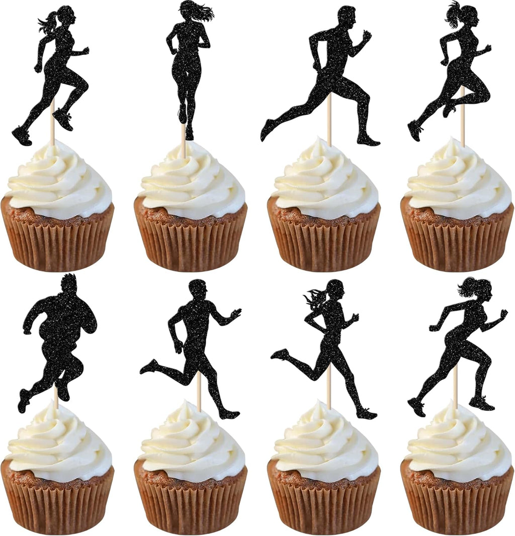 24 Pack Running Cupcake Toppers Black Glitter Sports Fitness Cupcake Picks for Running Theme Boys Girl Kids Birthday Party Cupcake Decorations Supplies
