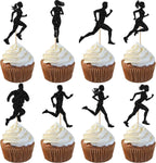 24 Pack Running Cupcake Toppers Black Glitter Sports Fitness Cupcake Picks for Running Theme Boys Girl Kids Birthday Party Cupcake Decorations Supplies