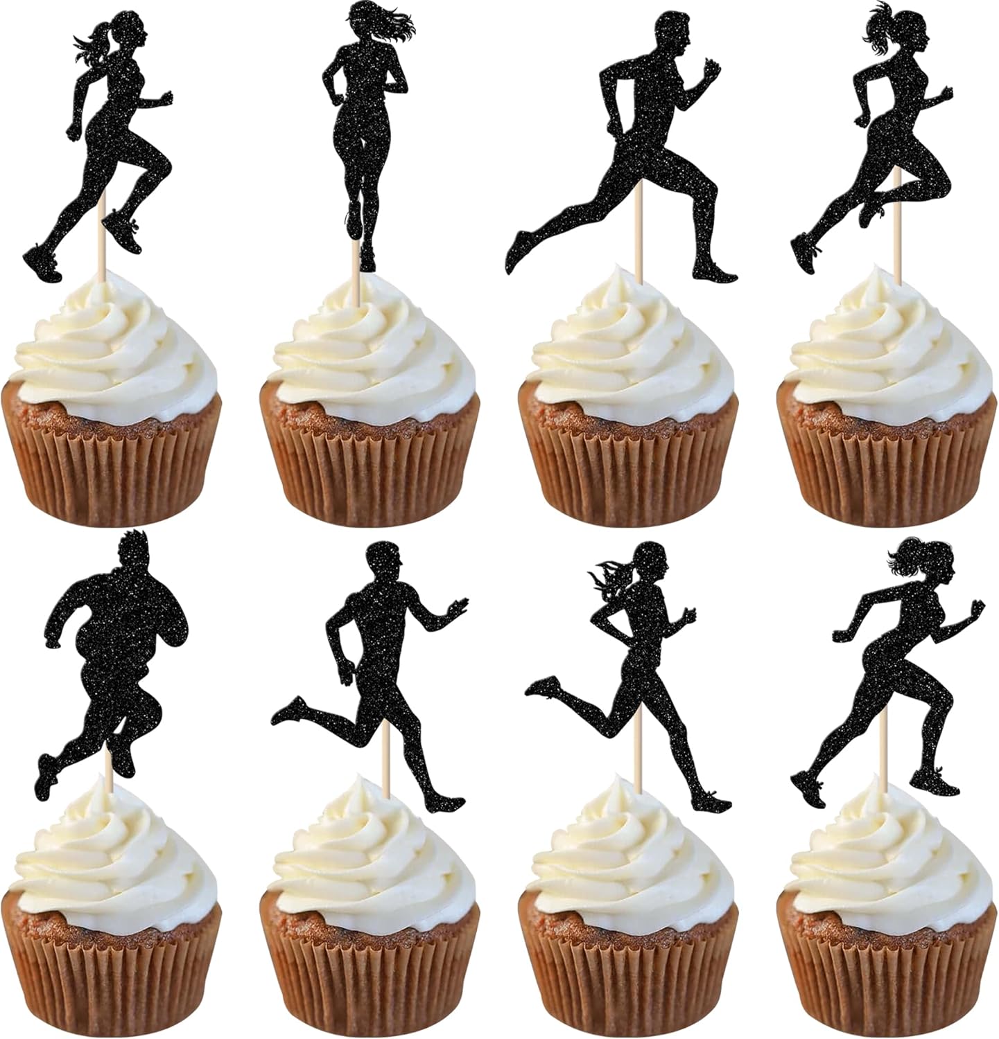 24 Pack Running Cupcake Toppers Black Glitter Sports Fitness Cupcake Picks for Running Theme Boys Girl Kids Birthday Party Cupcake Decorations Supplies