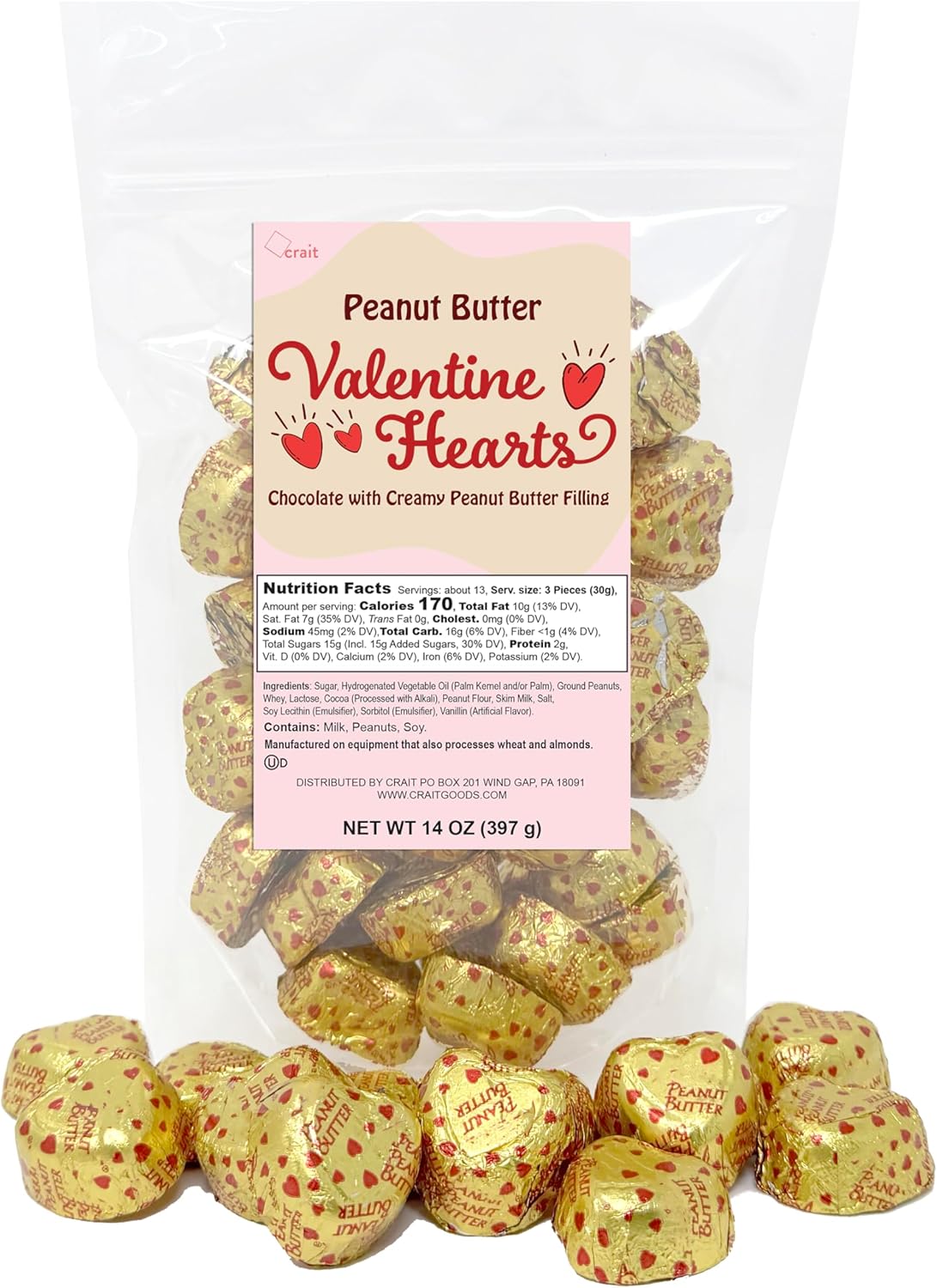 Chocolate Peanut Butter Hearts Wedding Favors – Gold Wrapped Candy, Individually Wrapped Milk Chocolate Peanut Butter Hearts 14 Ounce (About 39 Pieces)