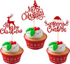 Rsstarxi 24 Pack Merry Christmas Cupcake Toppers Glitter Xmas Tree Santa Hat Deer Cupcake Picks Decoration for Winter Christmas Theme Xmas Holiday Birthday Party Supplies Red