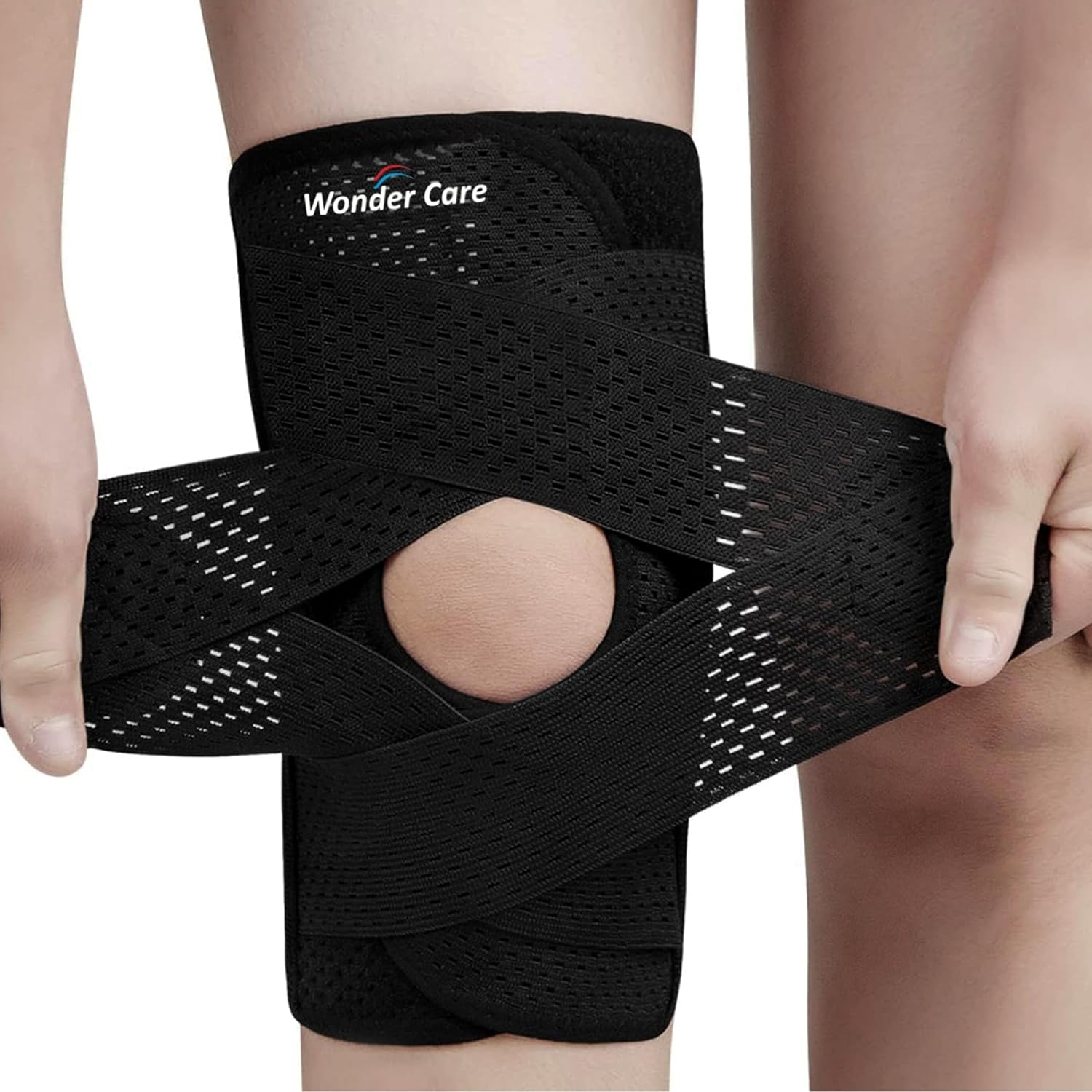 Wonder Care compression knee brace designed for knee pain, sports, running, meniscus tear & ACL relief. adjustable knee wrap with side stabilizers for men & women, Knee Support with Air Mesh Fabric