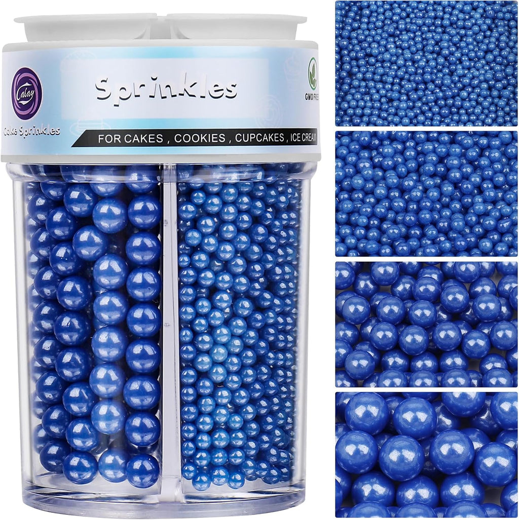Sprinkles for Cake Decorating, Blue Pearl Sprinkles 4 Sizes Mix for Cake Cupcake Cookie Baking Donuts Ice Cream Toppings