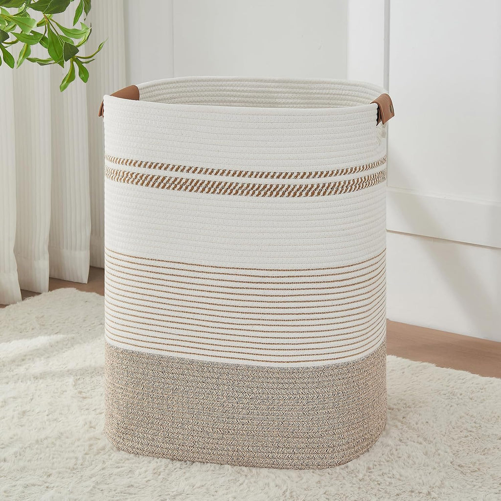 AINUOQI Laundry Basket with Handles - Blanket Basket & Hampers for Bedroom Aesthetic, Laundry Hamper & Blanket Storage for Living Room, Clothes Hamper, Tall, Large 17" x 14" x 22”, Light Brown & White