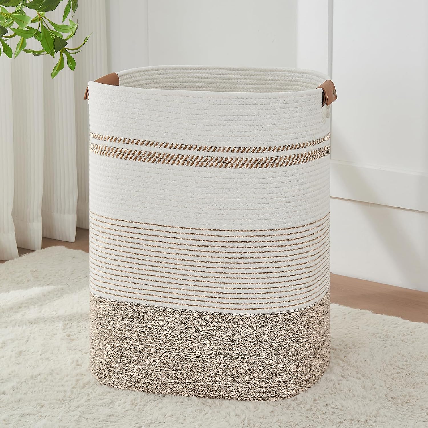 AINUOQI Laundry Basket with Handles - Blanket Basket & Hampers for Bedroom Aesthetic, Laundry Hamper & Blanket Storage for Living Room, Clothes Hamper, Tall, Large 17" x 14" x 22”, Light Brown & White