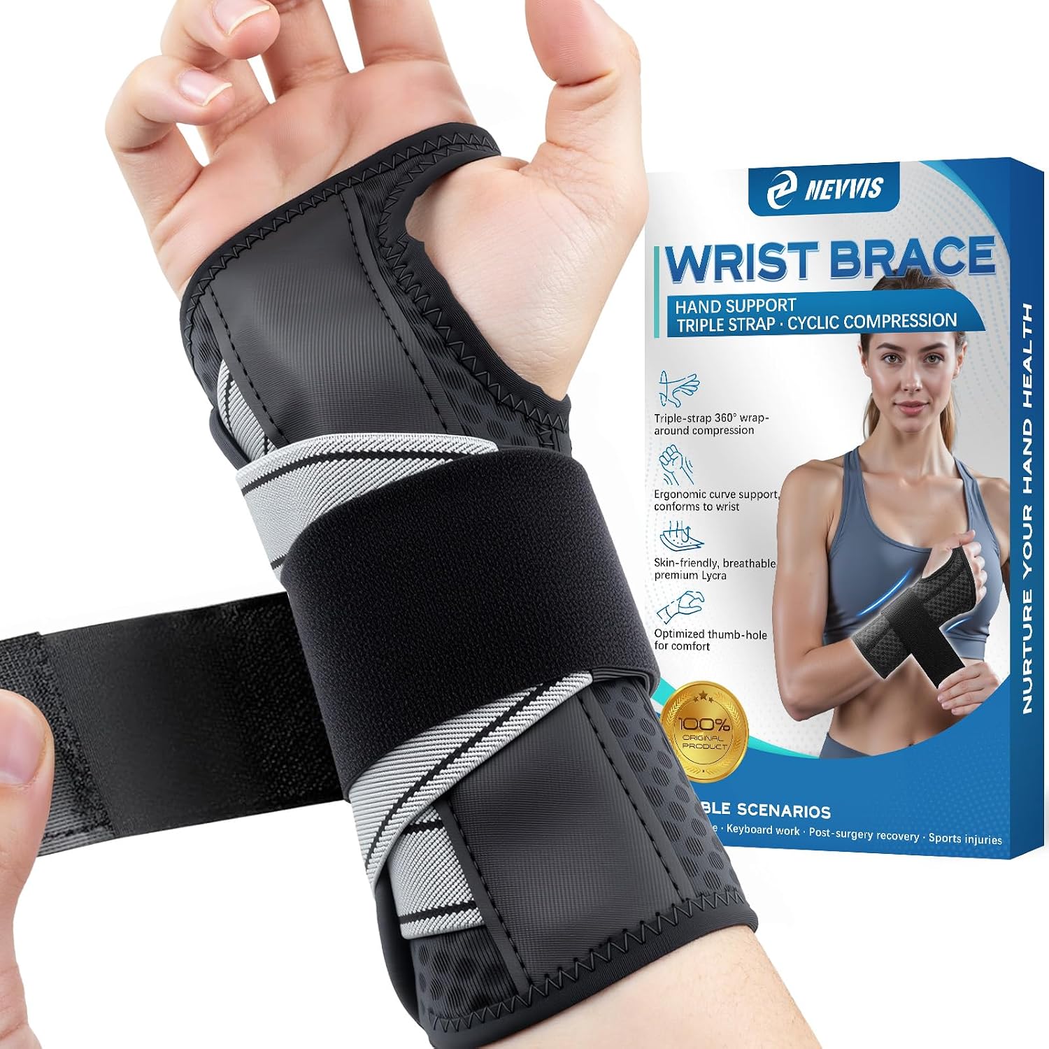 NEVVIS Wrist Brace for Carpal Tunnel Relief - Night & Day Wrist Support with Metal Splint, Stabilizing Brace for Tendonitis, Arthritis, Sprain, Right & Left Hand, Adjustable Fit for Men & Women