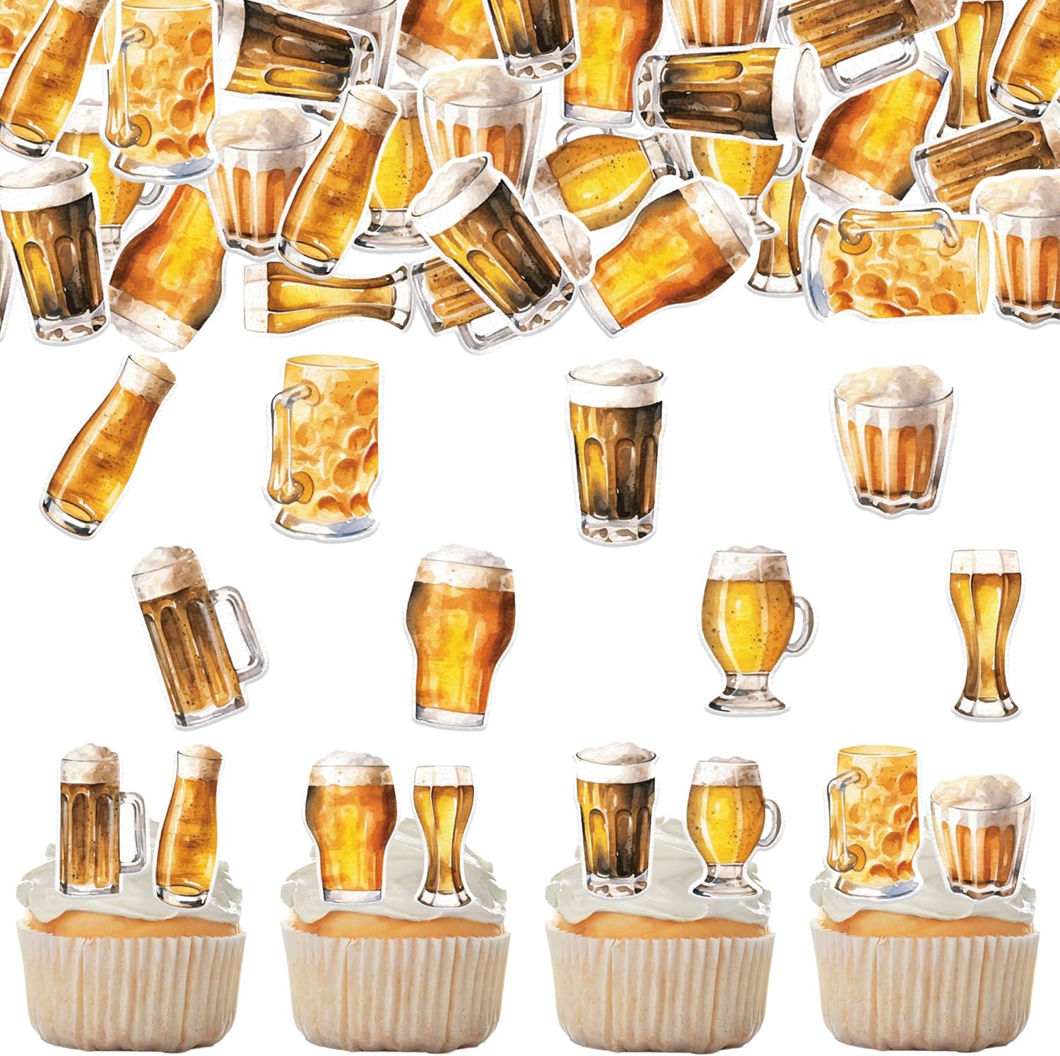 51PCS Edible Cheers and Beers Cupcake Toppers Wafer Paper Beer Mug Cupcake Toppers Edible Beers Cupcake Picks for Beer Festival Theme Party Baby Shower Birthday Decoration Supplies
