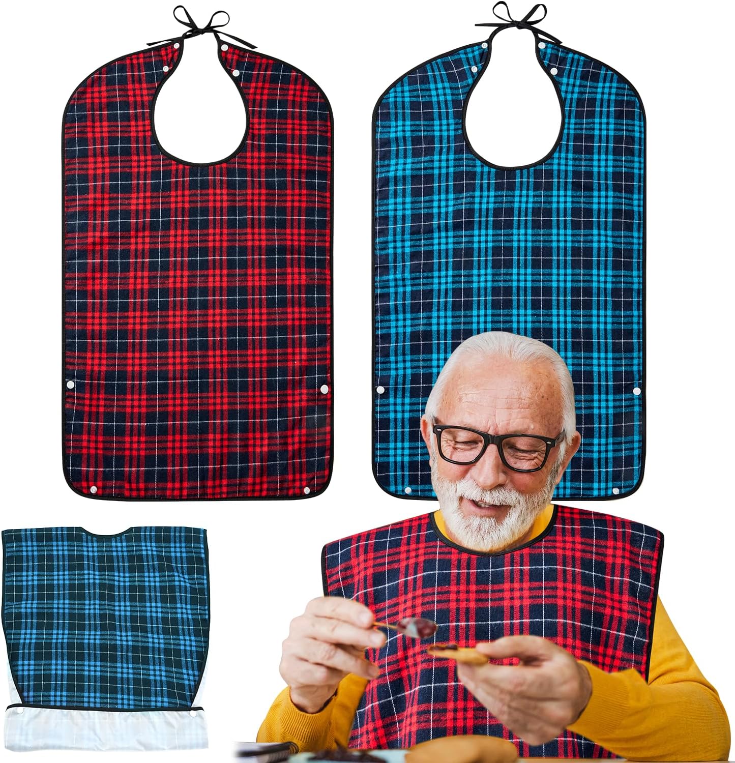 XKDOUS 2pcs Adult Bibs For Men Washable, Reusable Waterproof Large Bibs For Adult, Clothing Protector With Crumb Catcher,Bibs For Eating, Feeding Adult Bibs For Women Elderly Men Senior Citizens Gifts
