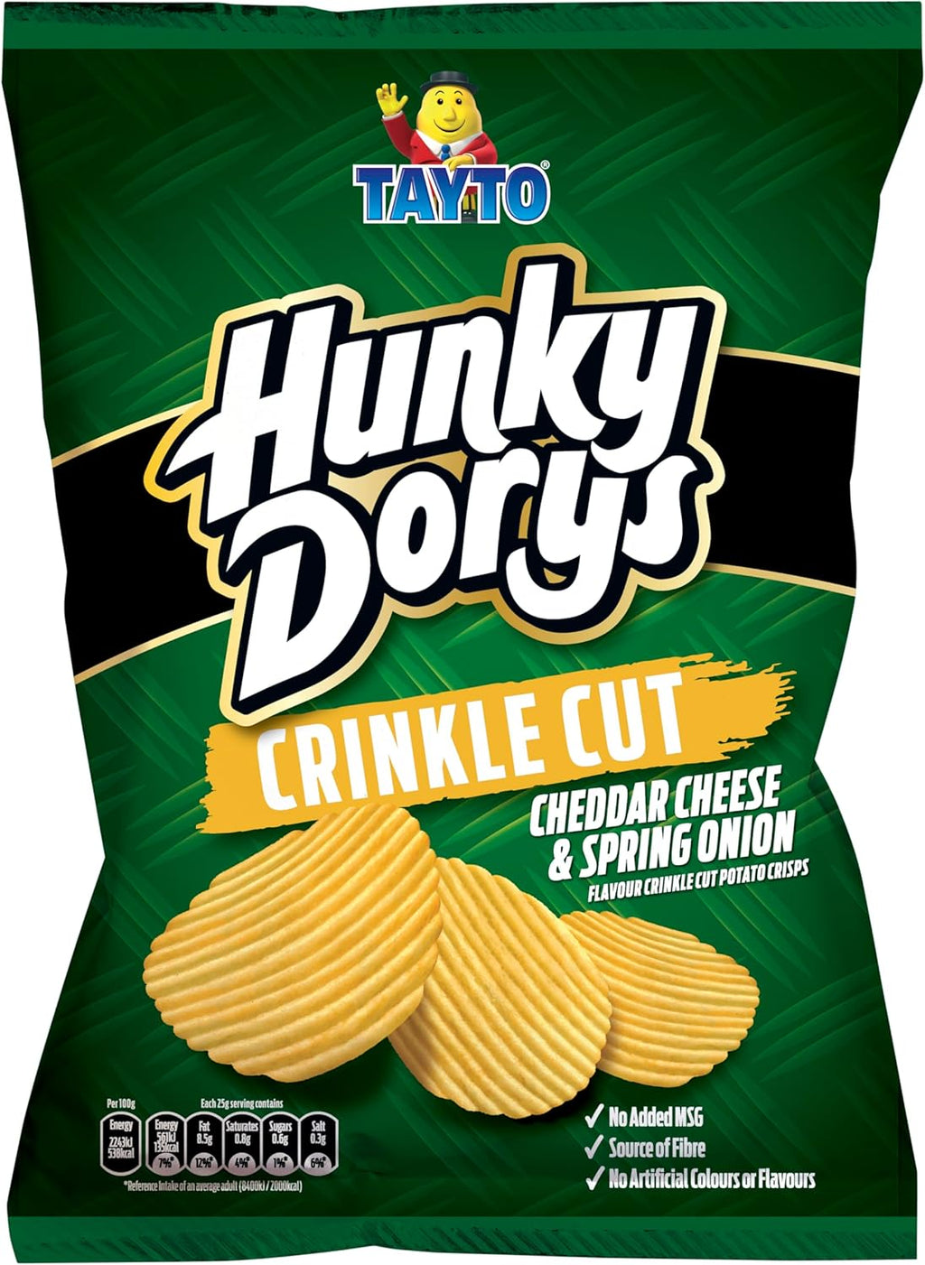 Tayto Hunky Dorys Crinkle Cut Potato Crisps, Cheddar Cheese & Spring Onion Flavor, 4.58 oz, 3 Pack