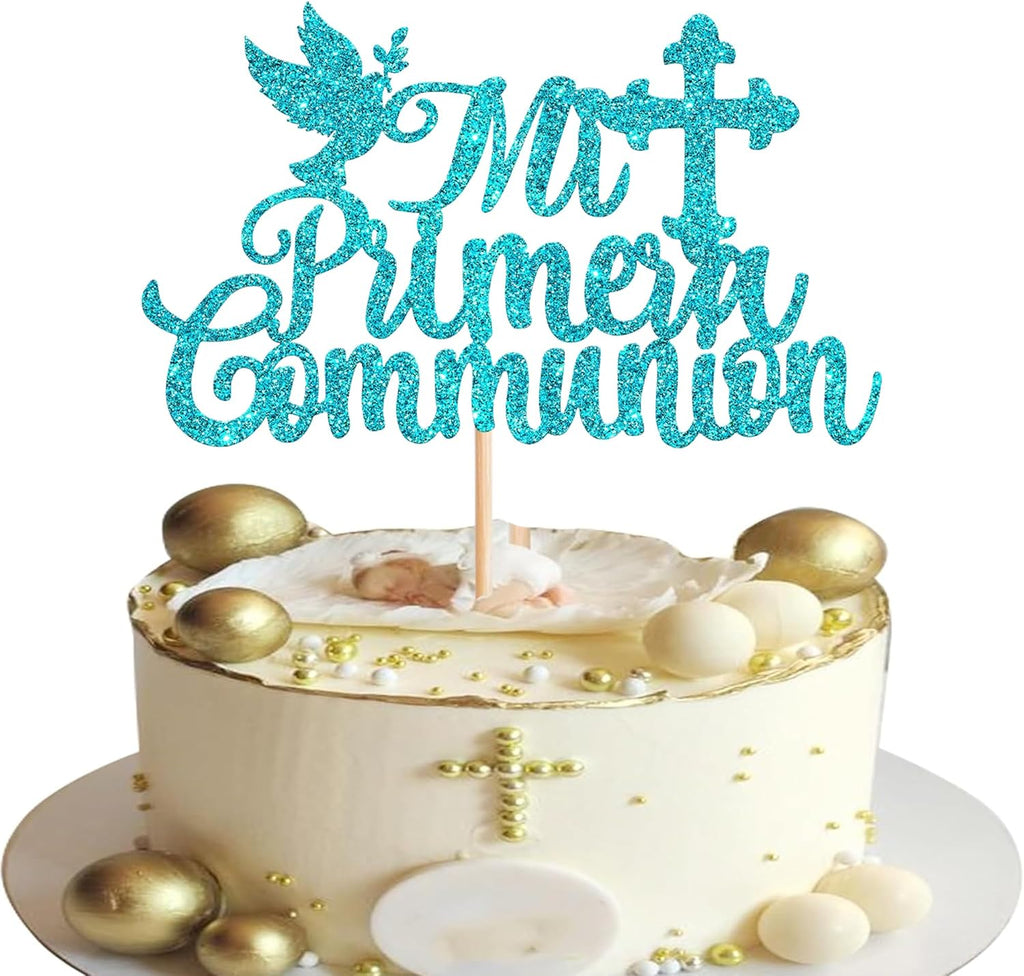 1 Pack Spanish Mi Bautizo Cake Topper with Glitter Cross Holy First Communion Baptism Cake Toppers Picks Religious God Bless Baptism Theme Baby Shower 1st Birthday Party Decorations Supplies Blue