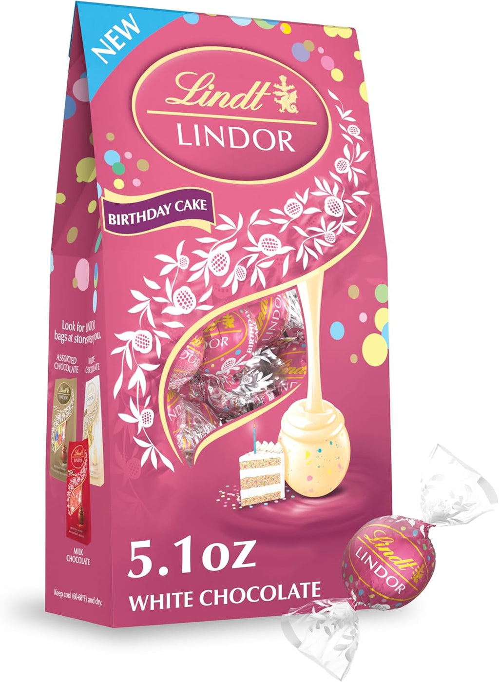 Lindt LINDOR Birthday Cake White Chocolate Truffles, White Chocolate Candy with Smooth, Melting Truffle Center, 5.1 oz. Bag