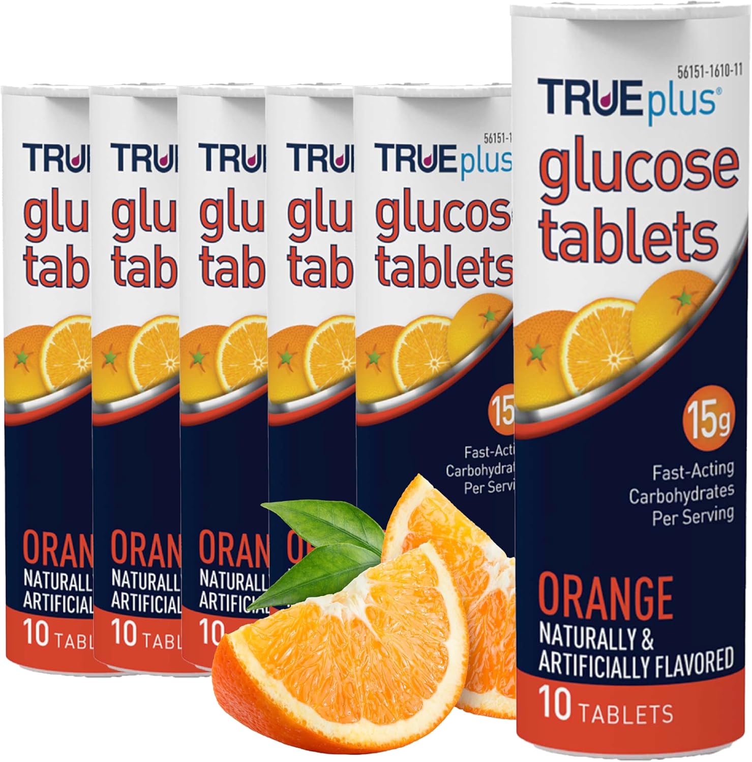 TRUEplus Glucose Tablets, Chewable, Orange Flavor, 15g Fast-Acting Carbohydrates, Fat Free, Gluten Free, Raise Low Blood Sugar and Boost Energy, 10 Count, 6 Tubes