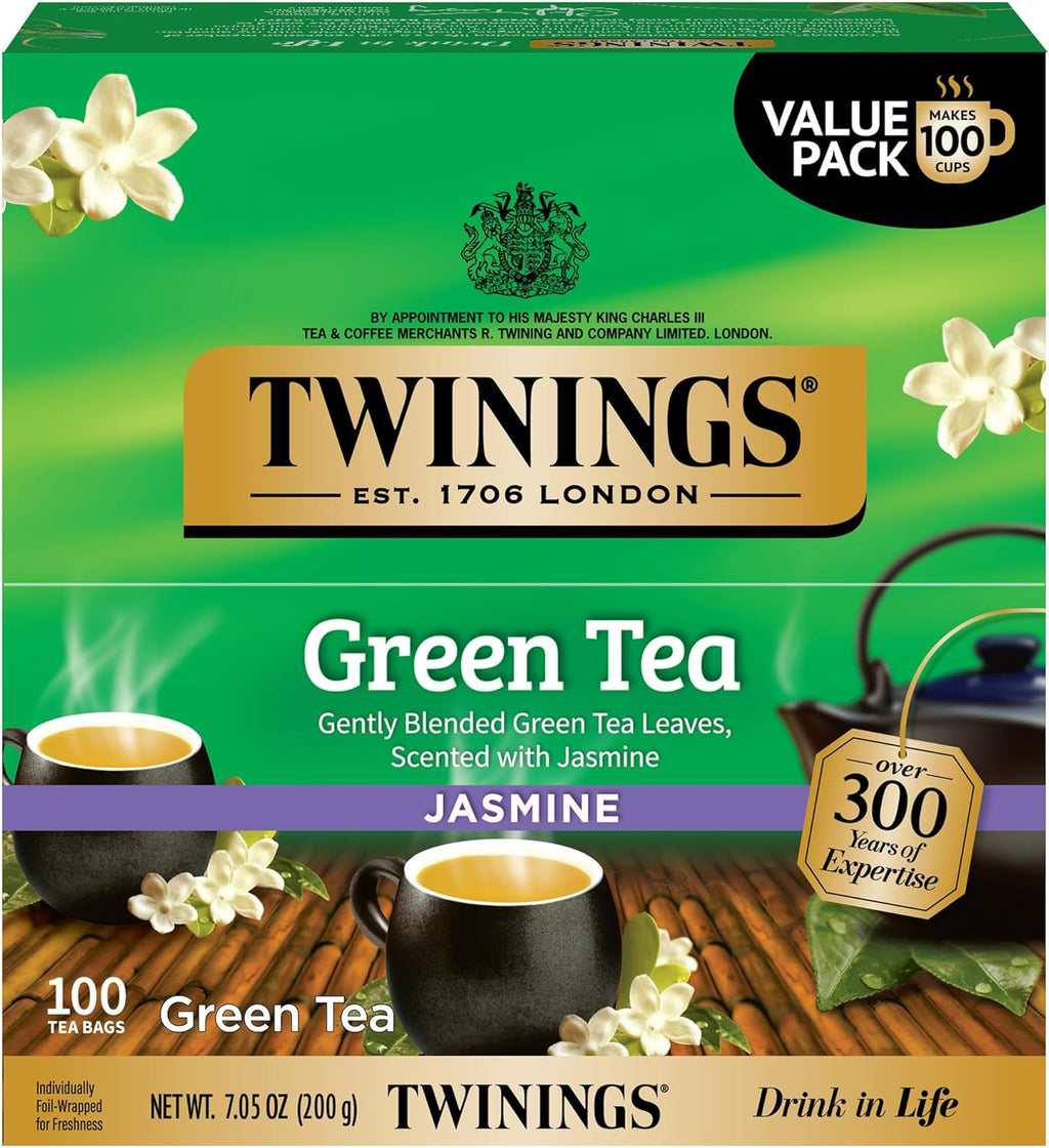 Twinings Green Tea with Jasmine Individually Wrapped Bags, 100 Count (Pack of 1), Fragrant Floral Scent, Caffeinated, Enjoy Hot or Iced, 100 Teabags