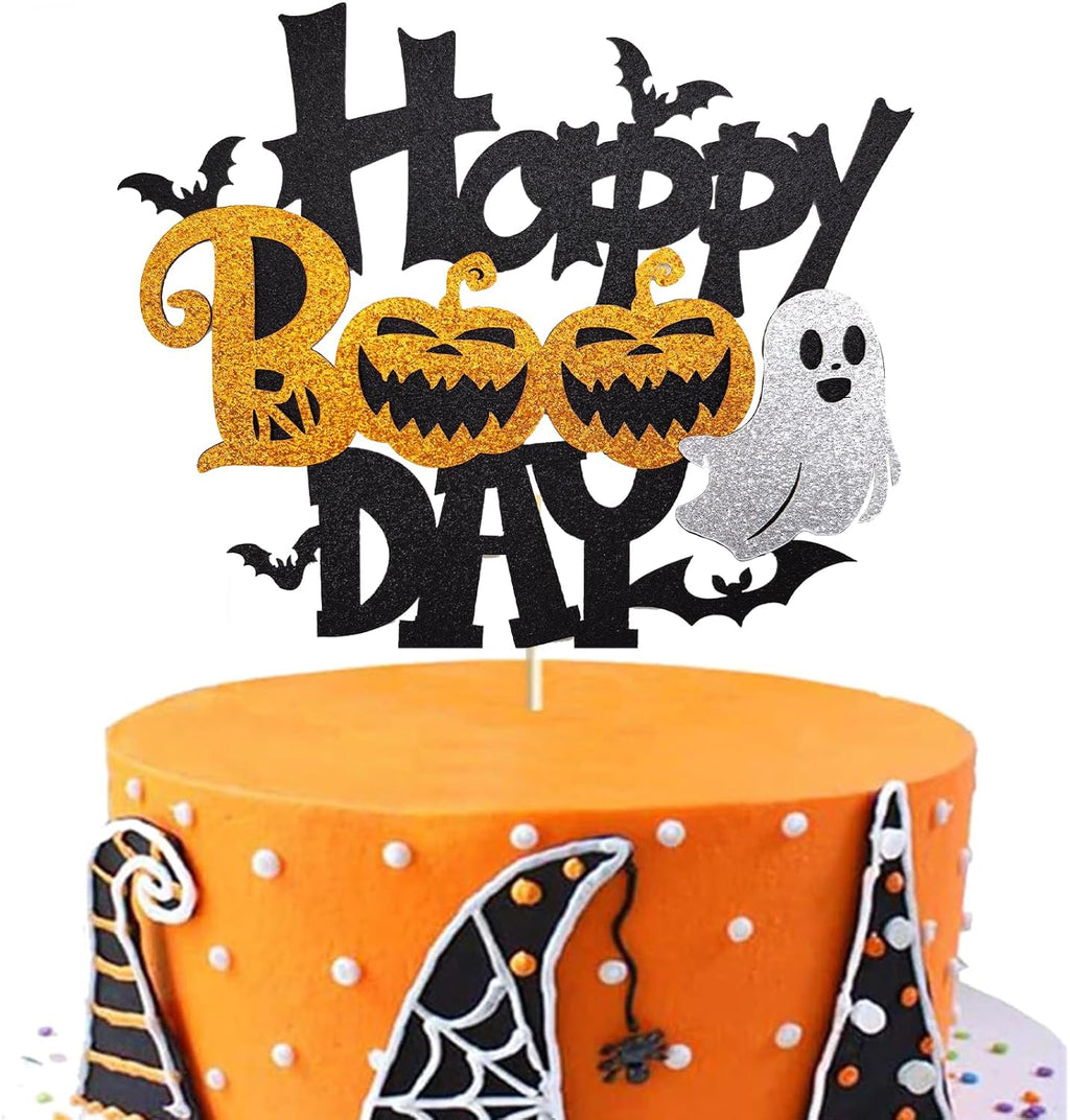 1Pcs Happy Halloween Cake Topper Black Glitter Happy Boo Day Cake Topper Castle Witch Pumpkin Ghost Bat Halloween Cake Decorations Cake Pick for Halloween Birthday Baby Shower Party Supplies