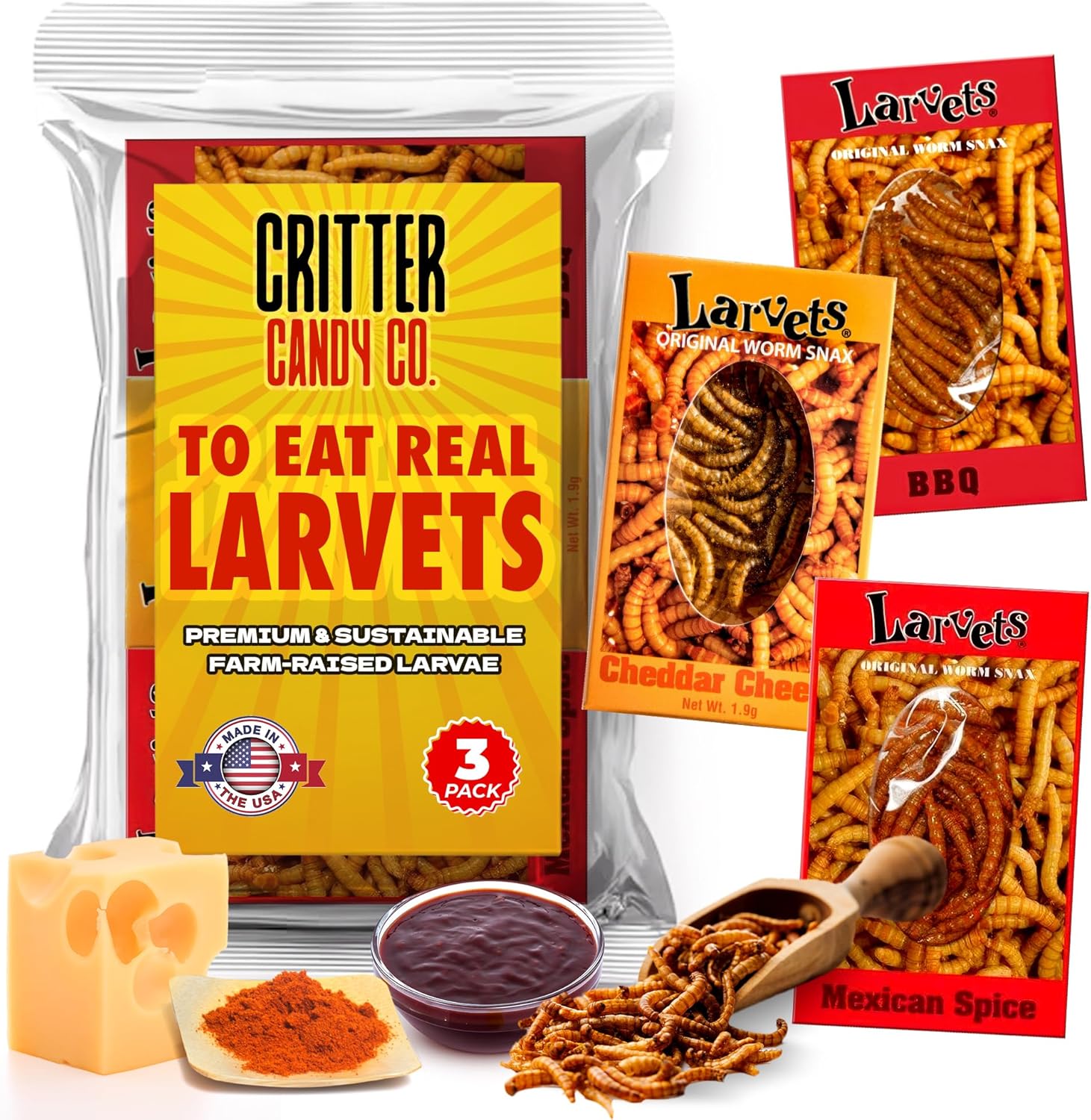 HotLix Larvets Edible Bugs (3-Pack) | Real Flavored Dried Worms in Mexican Cheese, Cheddar Cheese & BBQ | Flavored Edible Larvae | Weird Snacks for Adults | Snack Food Gifts for Any Occasions