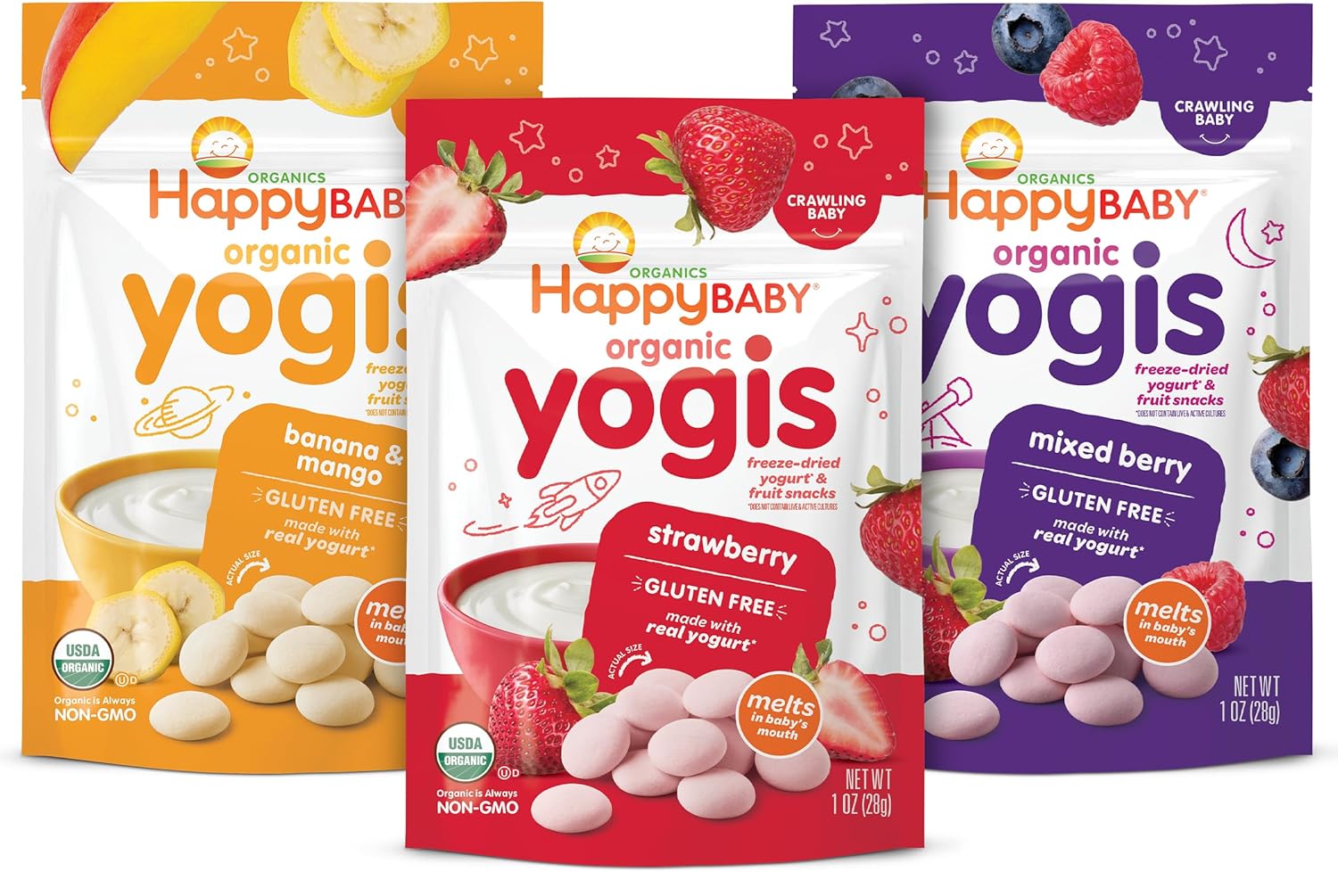Happy Baby Organics Yogis Freeze-Dried Yogurt & Fruit Snacks, 3 Flavor Variety Pack, 1 Ounce (Pack of 3)