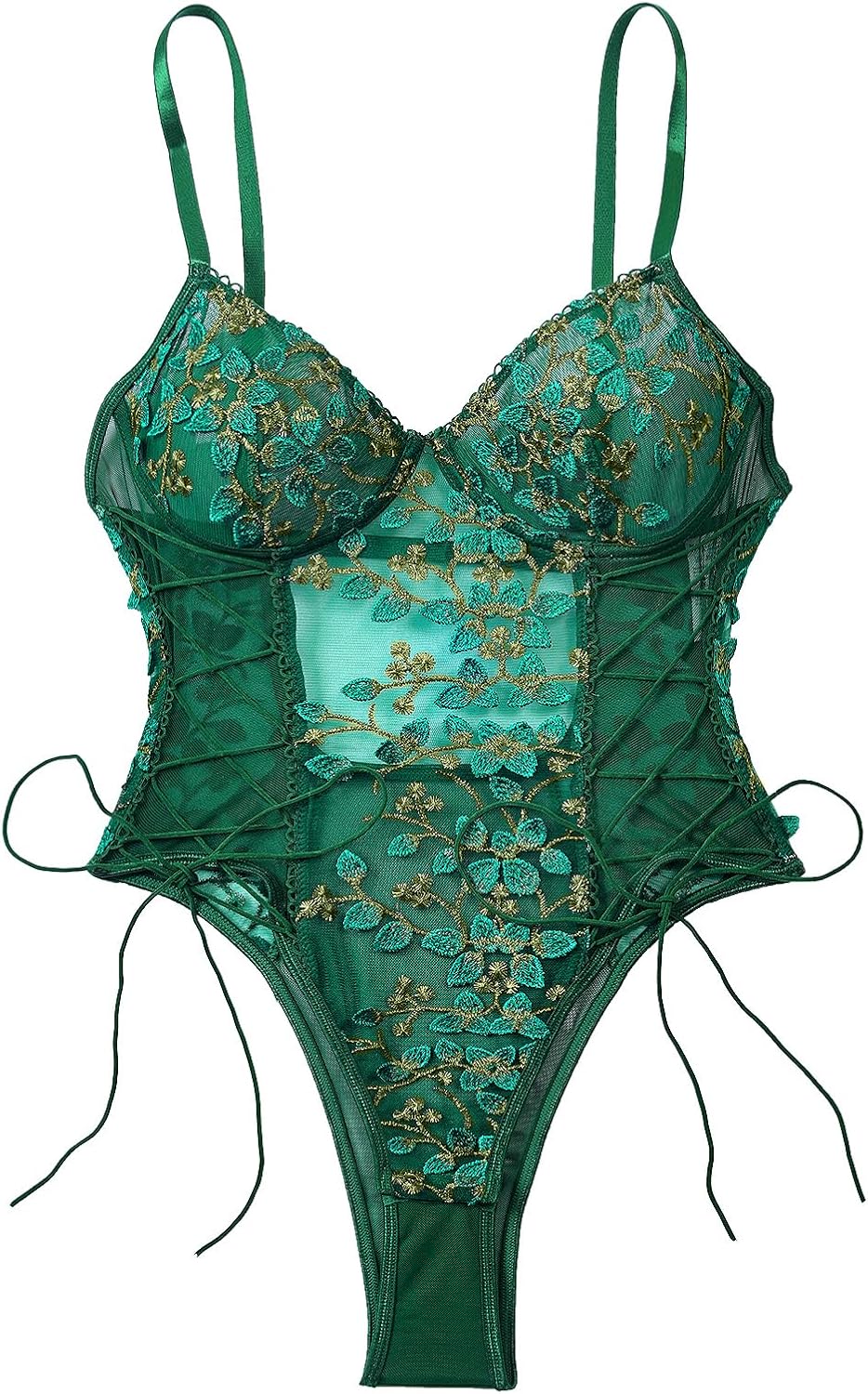 Lilosy Women Sexy Lace Up Floral Embroidered Teddy Lingerie Bodysuit Top Mesh Sheer One Piece