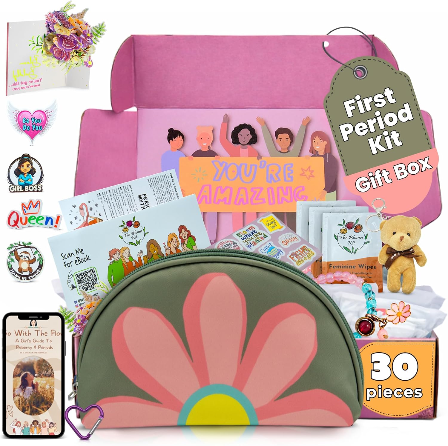 The Bloom First Period Kit for Girls 9-10-12-14 for School, Menstrual Starter Kit Gifts for Teens Girls Includes Sanitary Napkin Storage Bag, Pads, Wipes, Ebook, Period Tracker, Green (30-PC)