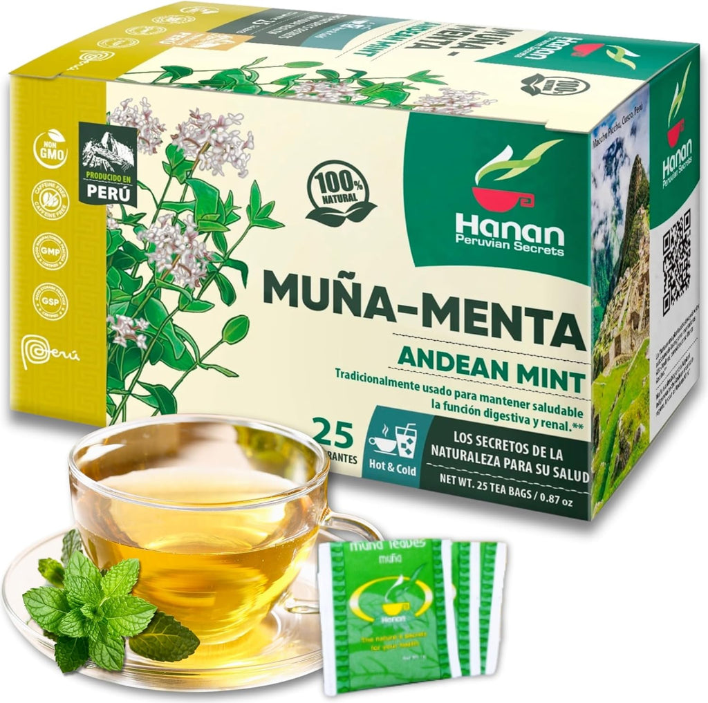 Hanan Muña Tea Bags – 100% Natural Andean Mint Herbal Tea from Peru, 25 Bags of Traditional Té de Muña del Perú, Caffeine-Free for Digestion, Fresh Flavor and Relaxation