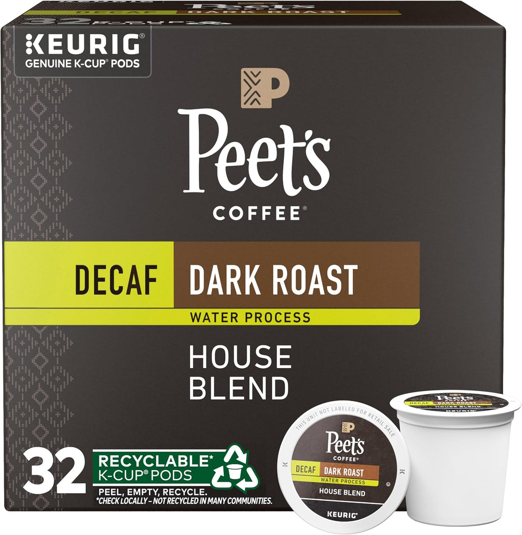 Peet's Coffee, Dark Roast Decaf Single Serve Coffee Pods, 100% Arabica Coffee - Decaf House Blend 32 Count (1 Box of 32 Pods)