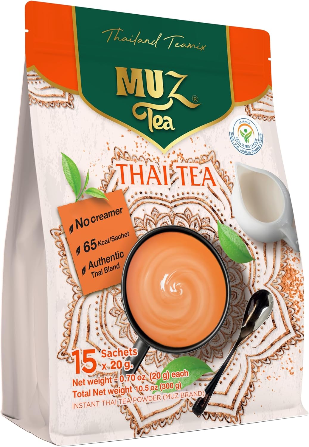 MUZ Tea Premium Instant Thai Tea Mix – Real Milk, No Creamers – Low GI Coconut Blossom Sugar – Only 65 Calories – Thai Tea Powder – Just Add Water – 15 Sachets