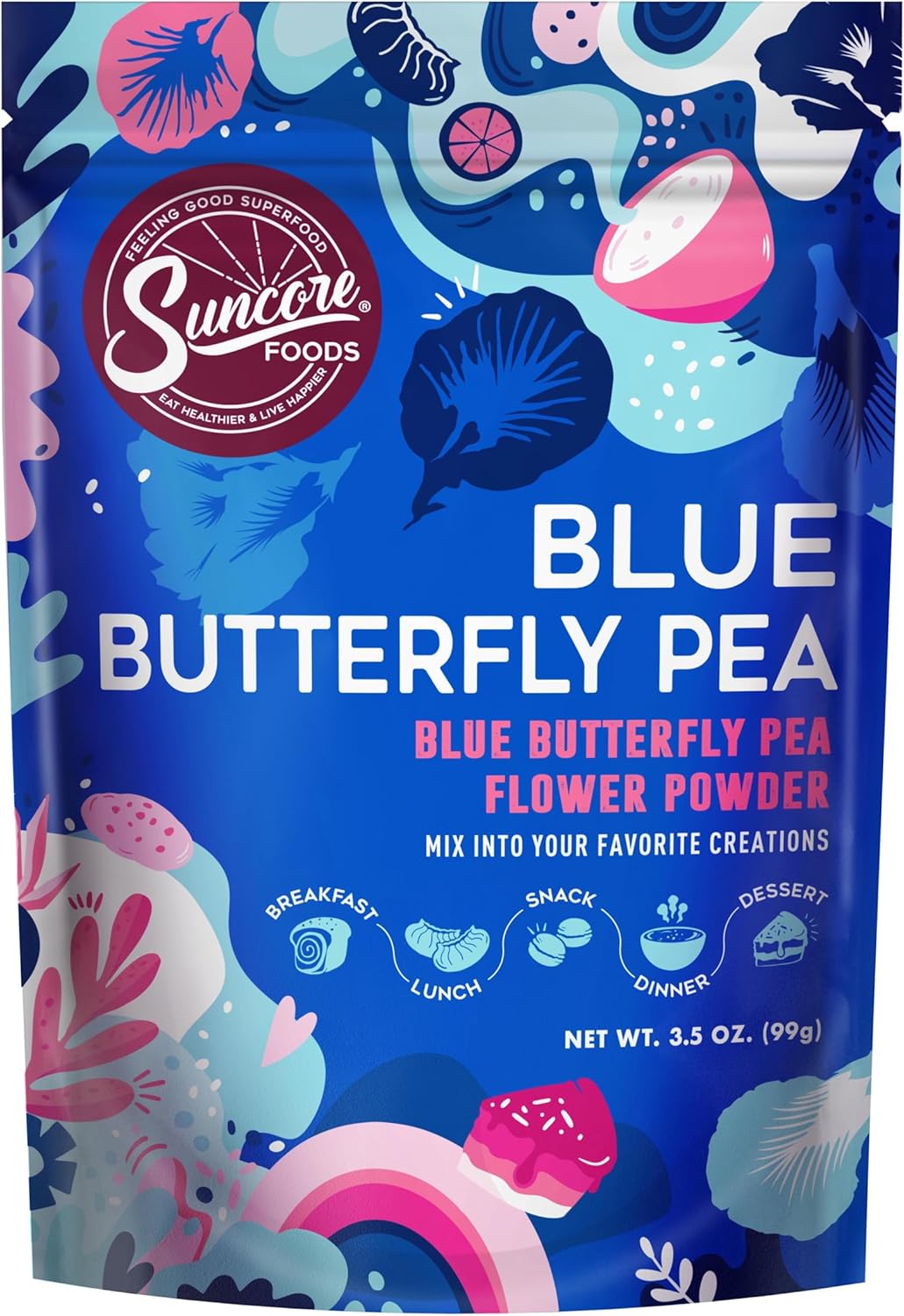 Suncore Foods Blue Butterfly Pea Powder, Blue Food Coloring Powder, Gluten-Free, Non-GMO, 3.5oz (1 Pack)