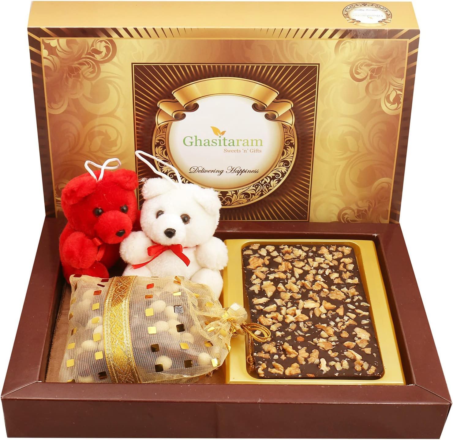 Ghasitaram Gifts Valentines Gift Valentines Day Chocolates for Girlfriend/Boyfriend/Husband and Wife Sugarfree Chocolate Walnut Sugarfree Chocolate Bark Big with Teddies and Nutties
