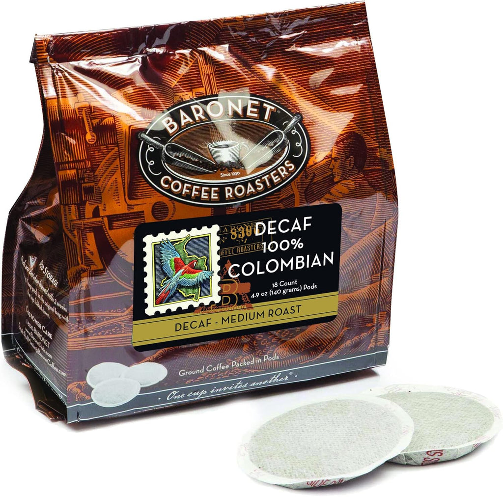 Baronet Coffee Pods [DECAF Colombian -54 Pods] Single Cup Use Like Senseo - 3 Bags of 18 Single Serve 8 Gram, Regular Strength, Medium Roast [DECAF Colombian]