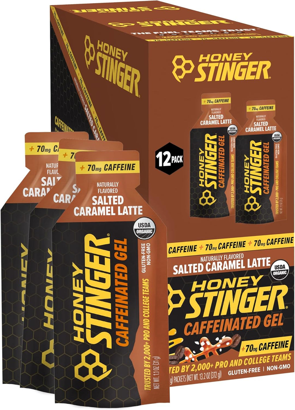 Honey Stinger Organic Salted Caramel Energy Gel, Caffeinated & Gluten Free, for Exercise, Running and Performance, Sports Nutrition for Home & Gym, Pre and Mid Workout, 12 Pack, 13.2 Ounce