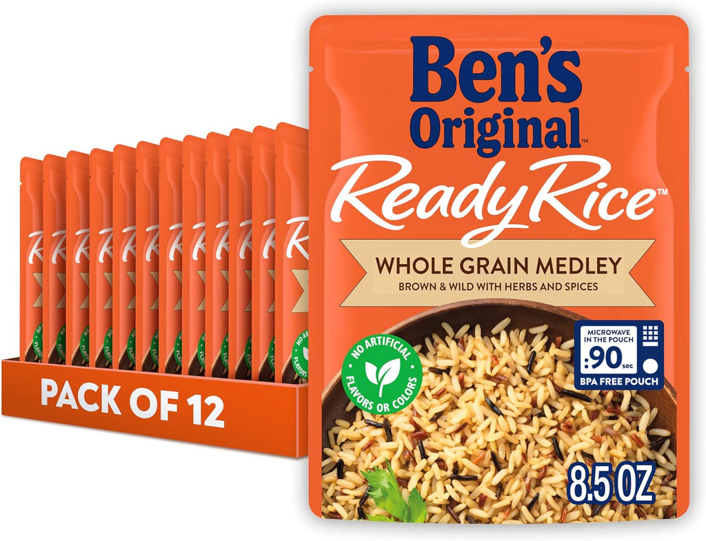 BEN'S ORIGINAL Ready Rice Whole Grain Medley Flavored Rice, Easy Dinner Side, 8.5 Oz Pouch (Pack of 12)