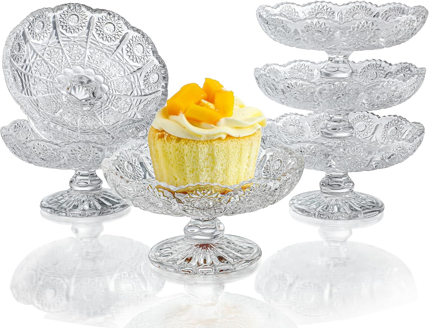 kanpura Set of 6 Glass Cake Plate Dessert Stand,Crystal Cupcake Plate Server for Chocolate, Dessert, Fruit Clear Small Cake Stand for Christmas, Birthday, Baby Shower Party