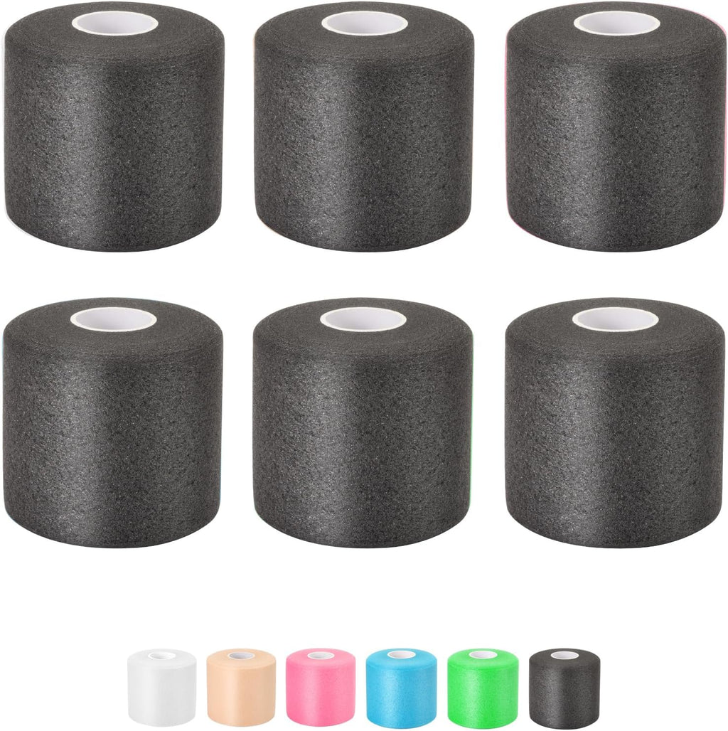Pre Wrap Athletic Tape 6 Pack, 2.4 Inch x 22 Yards Foam Underwrap Bandage, Foam Underwrap Sports Tape for Ankle Wrist Knee Elbow Hair Soccer, Black
