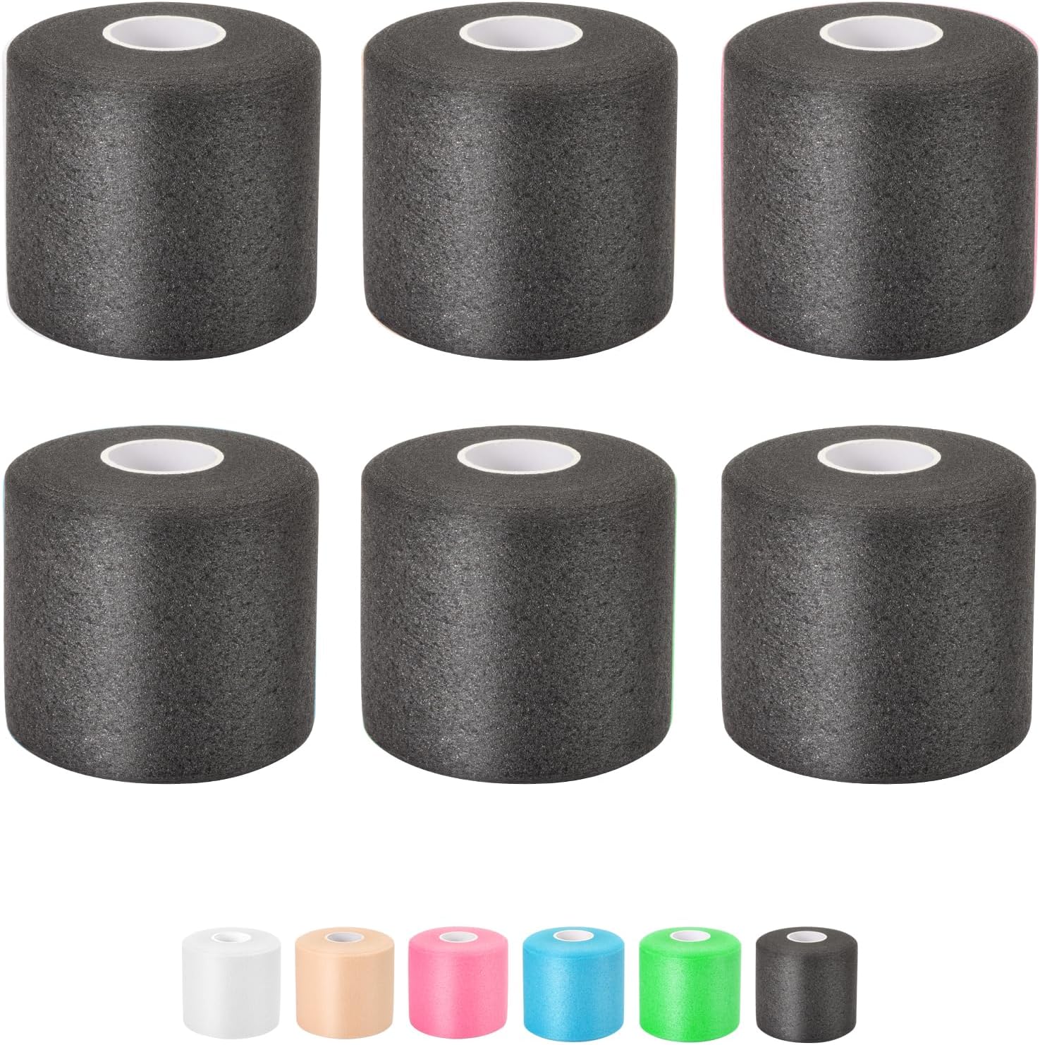 Pre Wrap Athletic Tape 6 Pack, 2.4 Inch x 22 Yards Foam Underwrap Bandage, Foam Underwrap Sports Tape for Ankle Wrist Knee Elbow Hair Soccer, Black