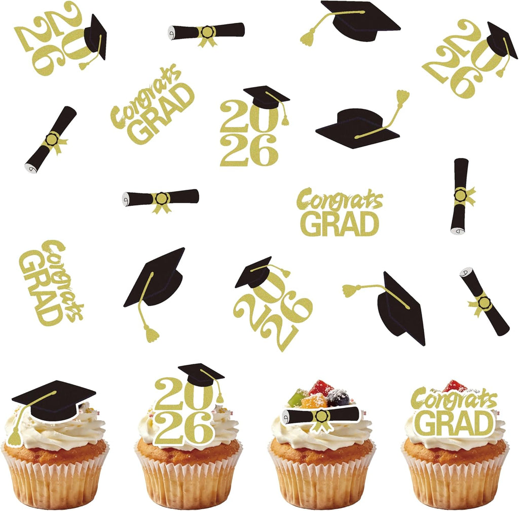 50Pcs Edible 2026 Graduation Cupcake Toppers, Wafer Paper Class of 2026 Decorations Grad Cap Cupcake Picks for 2026 Graduation Theme Party Cake Decor (Gold)