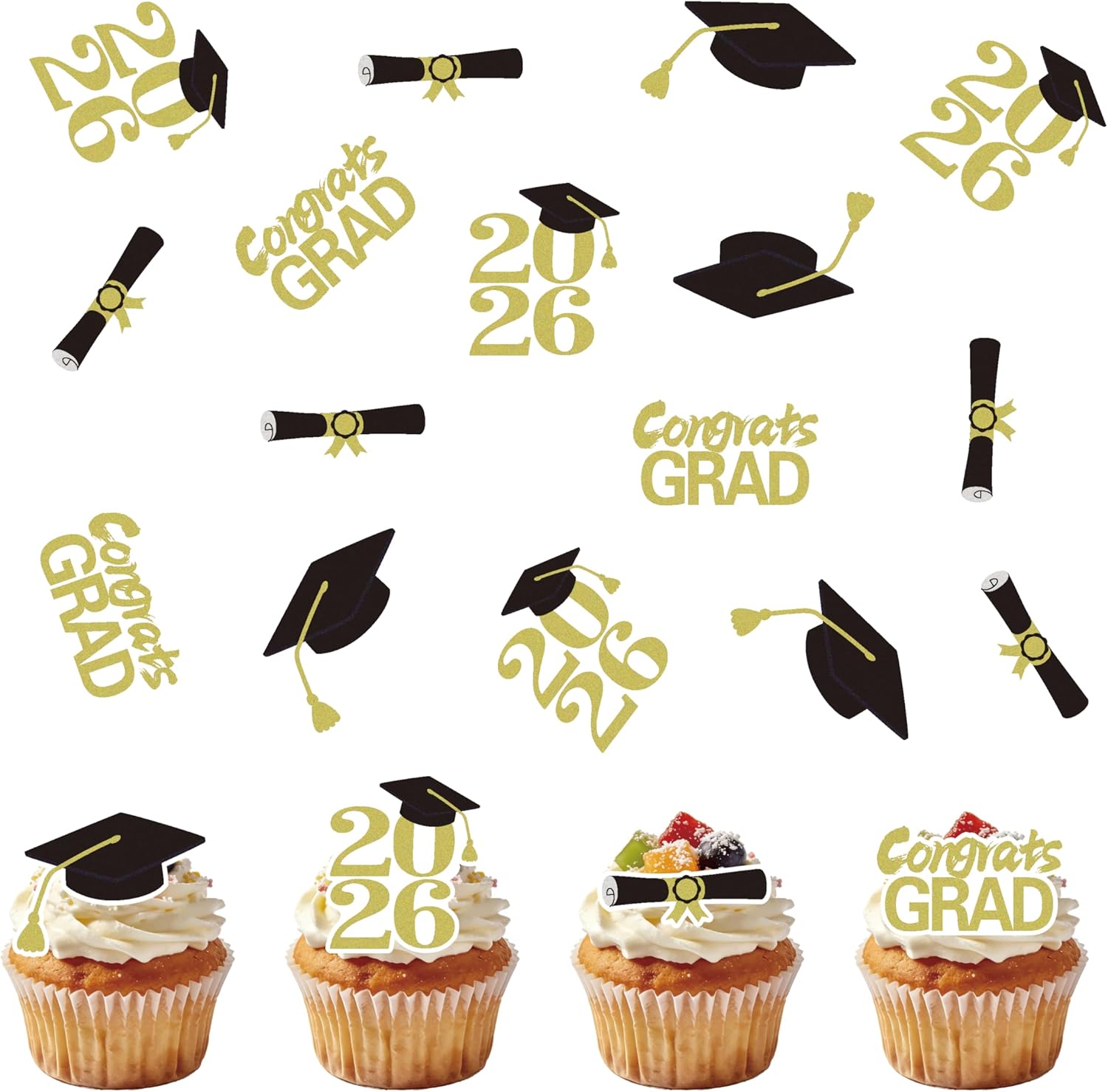 50Pcs Edible 2026 Graduation Cupcake Toppers, Wafer Paper Class of 2026 Decorations Grad Cap Cupcake Picks for 2026 Graduation Theme Party Cake Decor (Gold)