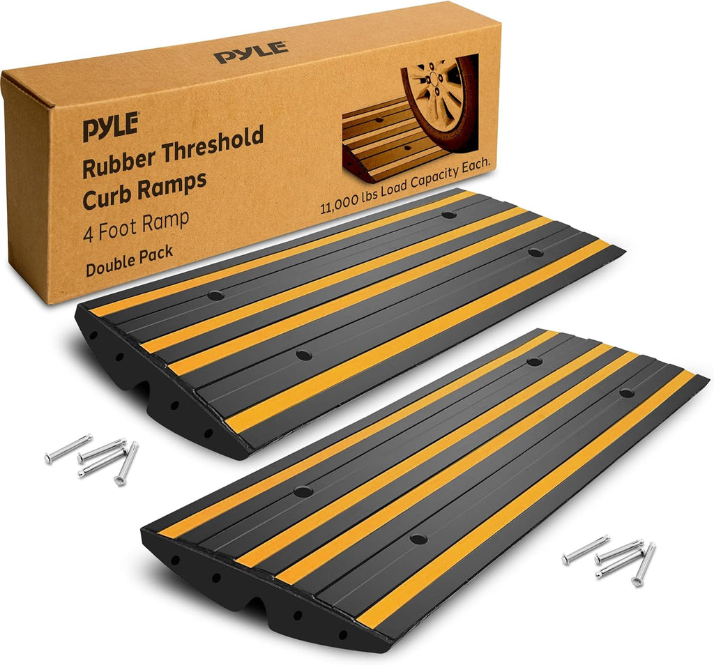 Pyle 8 Ft. Rubber Curb Ramp Set - Pack of 2 Heavy Duty Non-Slip Threshold Ramps for Driveways & Sidewalks, Waterproof, Yellow Reflective Strips, Expansion Screws Included, 48’’x16’’x2.6’’ Inches