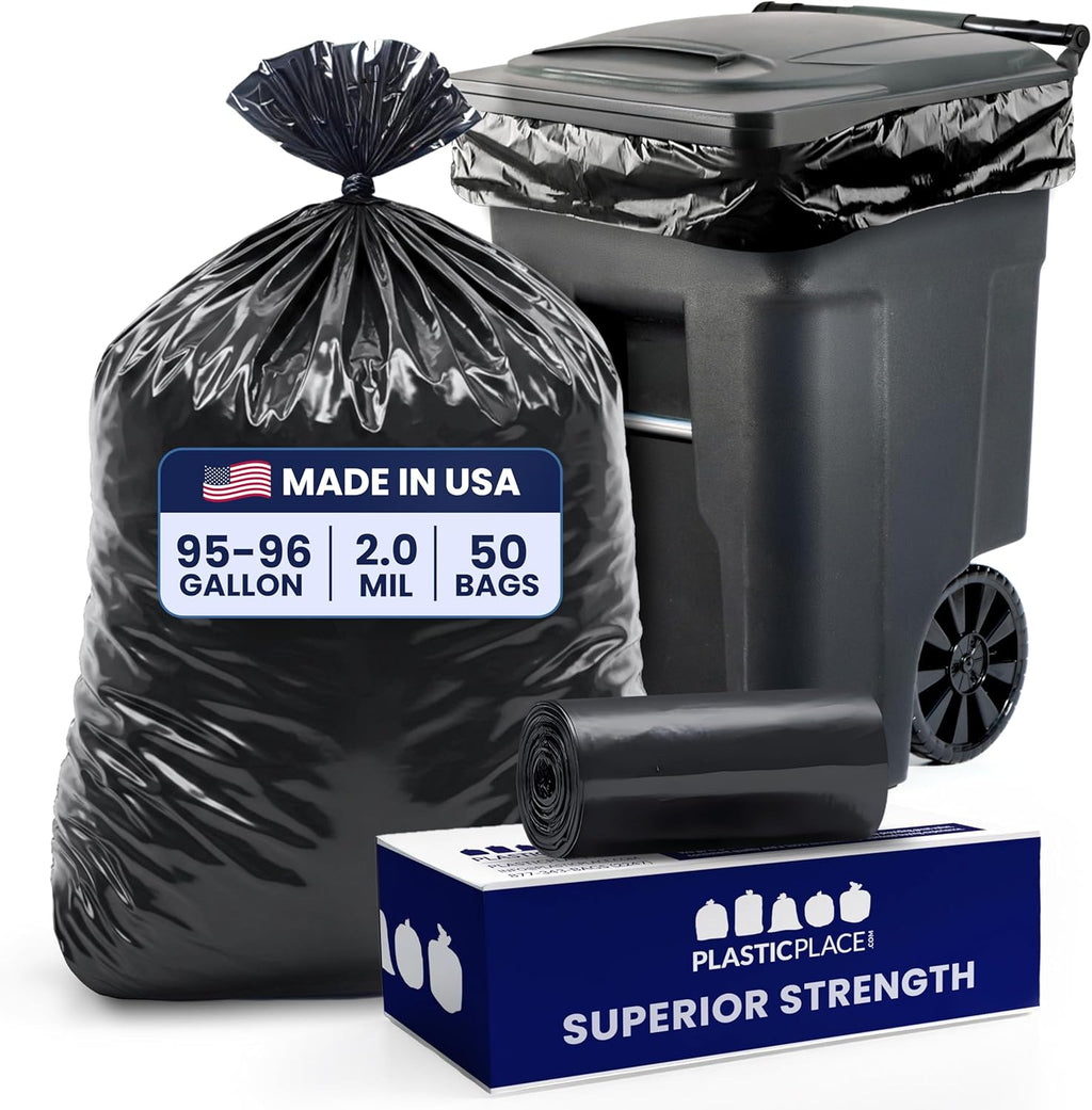 Plasticplace 95-96 Gallon Trash Bags │ 2.0 Mil │ Black Heavy Duty Garbage Can Liners │ 61” x 68” (50 Count)