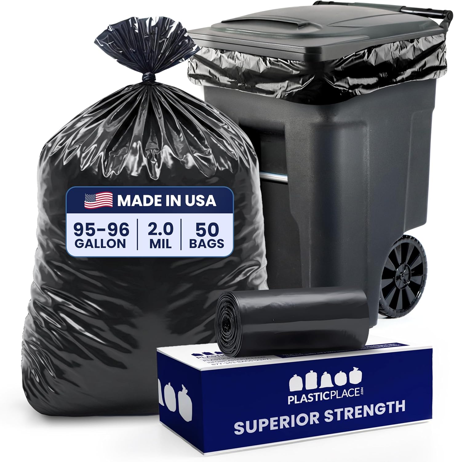 Plasticplace 95-96 Gallon Trash Bags │ 2.0 Mil │ Black Heavy Duty Garbage Can Liners │ 61” x 68” (50 Count)